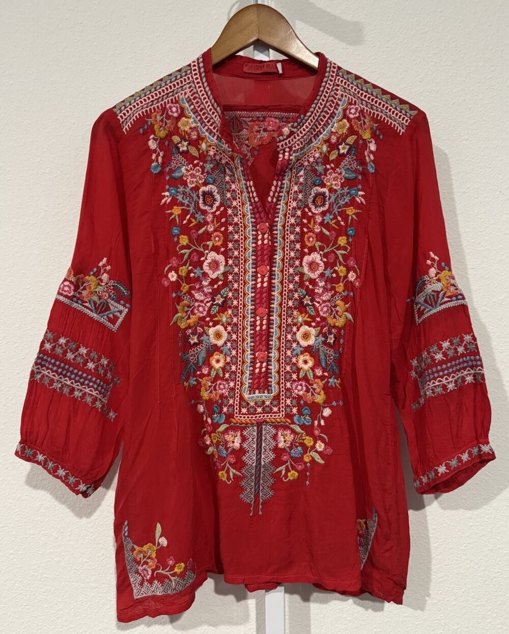 Johnny Was Bethany PS Vibrant Red Silky Embroidered Tunic Top 3/4 Sleeves EXC